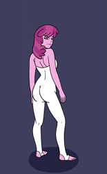 Size: 675x1086 | Tagged: safe, artist:linedraweer, character:cheerilee, my little pony:equestria girls, ass, barefoot, blue background, breasts, butt, commission, feet, female, flowerbutt, looking at you, simple background, solo, unitard