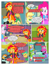 Size: 612x792 | Tagged: safe, artist:greatdinn, artist:newbiespud, edit, edited screencap, screencap, character:applejack, character:pinkie pie, character:snails, character:snips, character:sunset shimmer, comic:friendship is dragons, equestria girls:equestria girls, g4, my little pony: equestria girls, my little pony:equestria girls, clothing, comic, confetti, confused, crossed arms, cutie mark, cutie mark on clothes, eyes closed, female, freckles, frown, hat, looking back, male, screencap comic, smiling, smirk, unamused, wrapped up
