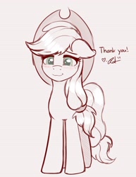 Size: 2550x3300 | Tagged: safe, artist:ratofdrawn, character:applejack, species:earth pony, species:pony, blushing, clothing, female, floppy ears, freckles, hat, high res, limited palette, mare, selective color, smiling, solo, speech