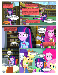 Size: 612x792 | Tagged: safe, artist:greatdinn, artist:newbiespud, edit, edited screencap, screencap, character:applejack, character:cheerilee, character:fluttershy, character:pinkie pie, character:rarity, character:twilight sparkle, comic:friendship is dragons, equestria girls:equestria girls, g4, my little pony: equestria girls, my little pony:equestria girls, book, clothing, comic, computer, cutie mark, cutie mark on clothes, dialogue, eyes closed, female, frown, grin, incomplete twilight strong, library, screencap comic, sitting, smiling