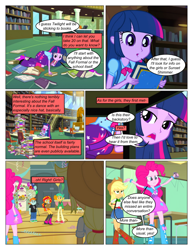 Size: 612x792 | Tagged: safe, artist:greatdinn, artist:newbiespud, edit, edited screencap, screencap, character:applejack, character:pinkie pie, character:snails, character:snips, character:sunset shimmer, character:twilight sparkle, comic:friendship is dragons, equestria girls:equestria girls, g4, my little pony: equestria girls, my little pony:equestria girls, all fours, balloon, book, clipboard, clothing, collaboration, comic, cutie mark, cutie mark on clothes, dialogue, eyes closed, female, gym, hat, library, male, screencap comic, skirt