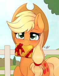 Size: 2156x2791 | Tagged: safe, artist:ratofdrawn, character:applejack, species:earth pony, species:pony, g4, blushing, chocolate, cute, dawwww, female, fence, food, holiday, jackabetes, looking at you, mare, mouth hold, solo, valentine, valentine's day