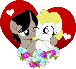 Size: 5000x4545 | Tagged: safe, artist:jhayarr23, character:surprise, oc, oc:archooves, species:pegasus, species:pony, species:unicorn, archrise, canon x oc, female, flower, heart, holiday, hug, male, mare, shipping, simple background, stallion, transparent background, valentine's day, ych result