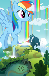 Size: 2481x3840 | Tagged: safe, artist:dashiesparkle, artist:gwennie-chan, artist:jerryakiraclassics19, character:rainbow dash, species:pegasus, species:pony, attack on pony, cloud, female, giant pony, giant rainbow dash, giantess, highrise ponies, macro, mare, mega giant, mega/giant rainbow dash, rainbow waterfall, waterfall, winsome falls