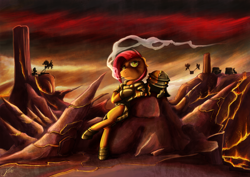 Size: 2970x2100 | Tagged: safe, artist:jamescorck, character:babs seed, species:earth pony, species:pony, armor, badlands, cigarette, female, helmet, lava, legionary, looking at you, lorica segmentata, mare, older, royal guard, smoking, solo