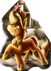 Size: 1988x2782 | Tagged: safe, artist:jamescorck, character:applejack, species:earth pony, species:pony, applejack's hat, big crown thingy, clothing, cowboy hat, crown, element of generosity, element of honesty, element of kindness, element of laughter, element of loyalty, element of magic, elements of harmony, female, hat, jewelry, regalia, simple background, smug, solo, transparent background