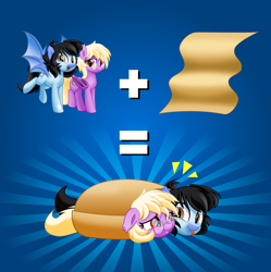 Size: 5000x5014 | Tagged: safe, artist:jhayarr23, oc, oc only, oc:mitzy, oc:pinkfull night, species:bat pony, species:pony, batburrito, blanket, blanket burrito, blushing, cute, duo, equation, fangs, female, floppy ears, glasses, looking at each other, looking at you, mare, show accurate, shy, silly, simple background, spread wings, teenager, wings