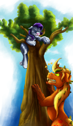 Size: 1160x2000 | Tagged: safe, artist:jamescorck, character:applejack, character:rarity, species:earth pony, species:pony, species:unicorn, comic:that time of the month, angry, barking, blood, cat, climbing, cursed, female, hengstwolf, pain star, raricat, scratches, species swap, timber pony, timber wolf, timber wolfified, timberjack, transformation, tree, tree branch, unikitty, werecat, werewolf