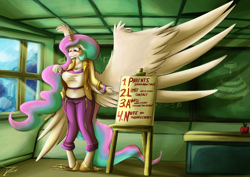 Size: 2829x2000 | Tagged: safe, artist:jamescorck, character:princess celestia, character:principal celestia, species:alicorn, species:anthro, species:pony, species:unguligrade anthro, my little pony:equestria girls, apple, blushing, breast expansion, breasts, busty princess celestia, chalkboard, classroom, cleavage, clothing, clothing damage, desk, easel, equestria girls outfit, female, food, growth, human to anthro, midriff, short shirt, solo, surprised, transformation, window, wings