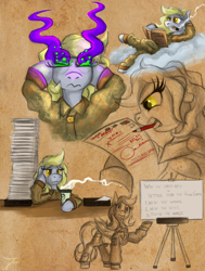 Size: 2000x2641 | Tagged: safe, artist:jamescorck, character:derpy hooves, species:pegasus, species:pony, annoyed, army, book, cigar, clothing, cloud, coffee, correction, desk, easel, female, manual, military, military uniform, officer, paperwork, pencil, reading, smoking, sombra eyes, uniform