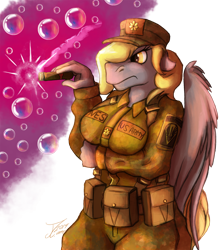 Size: 1334x1500 | Tagged: safe, artist:jamescorck, character:derpy hooves, species:anthro, annoyed, breasts, bubble, busty derpy hooves, cigar, female, military uniform, officer, smoking, solo