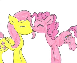 Size: 1037x860 | Tagged: safe, artist:cmara, character:fluttershy, character:pinkie pie, species:earth pony, species:pegasus, species:pony, ship:flutterpie, eyes closed, female, kissing, lesbian, mare, raised leg, shipping, simple background, traditional art, white background