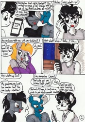 Size: 898x1280 | Tagged: safe, artist:newyorkx3, oc, oc only, oc:casey, oc:soma, oc:tommy, oc:tyler, species:anthro, species:earth pony, species:pony, species:unicorn, comic:blind date, cellphone, clothing, comic, dress, female, gloves, long gloves, male, night, phone, smartphone, text, traditional art, window