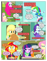 Size: 612x792 | Tagged: safe, artist:greatdinn, artist:newbiespud, edit, edited screencap, screencap, character:applejack, character:fluttershy, character:pinkie pie, character:rainbow dash, character:rarity, character:snails, character:snips, character:sunset shimmer, character:twilight sparkle, comic:friendship is dragons, equestria girls:equestria girls, g4, my little pony: equestria girls, my little pony:equestria girls, clothing, collaboration, comic, cutie mark, cutie mark on clothes, desk, dialogue, female, freckles, frown, grin, hat, humane five, humane six, incomplete twilight strong, male, running, screencap comic, smiling, upside down, wide eyes