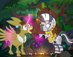 Size: 1200x935 | Tagged: safe, artist:pixelkitties, character:matilda, character:zecora, species:alicorn, species:donkey, species:pony, species:zebra, alicornified, cauldron, everfree forest, matildacorn, perhaps, race swap, spell, spell gone wrong, tree