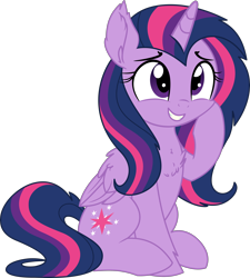 Size: 3152x3500 | Tagged: safe, artist:cyanlightning, artist:slb94, character:twilight sparkle, character:twilight sparkle (alicorn), species:alicorn, species:pony, alternate hairstyle, chest fluff, cute, female, mare, raised hoof, simple background, sitting, smiling, solo, transparent background, twiabetes, vector