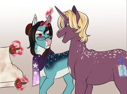 Size: 1303x964 | Tagged: safe, artist:jc_bbqueen, oc, oc only, oc:annie belle, oc:cullen sutcliffe, species:dracony, species:pony, species:unicorn, curved horn, digital art, fangs, female, glasses, glowing horn, horn, hybrid, magic, male, mare, scroll, slit eyes, smiling, stallion, unimpressed