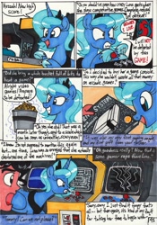 Size: 2088x2978 | Tagged: safe, artist:newyorkx3, character:princess luna, oc, oc:tommy, species:alicorn, species:human, species:pony, comic:young days, gamer luna, angry, angry luna, arcade, arcade game, breaking, comic, dialogue, huzzah, nintendo entertainment system, pac-man, pinball, s1 luna, sinistar, speech bubble