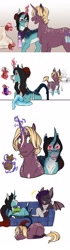 Size: 1024x3652 | Tagged: safe, artist:jc_bbqueen, oc, oc only, oc:annie belle, oc:cullen sutcliffe, oc:midnight mural, species:dracony, species:dragon, species:pony, species:unicorn, curved horn, digital art, fangs, female, glasses, glowing horn, horn, hybrid, magic, male, mare, scroll, slit eyes, smiling, stallion, unimpressed
