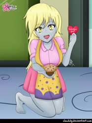 Size: 746x1000 | Tagged: safe, alternate version, artist:clouddg, edit, editor:thomasfan45, character:derpy hooves, my little pony:equestria girls, apron, barefoot, blouse, canterlot high, card, clothing, cute, derpabetes, door, feet, female, floor, food, hallway, holiday, kneeling, legs, lockers, looking at you, miniskirt, muffin, open mouth, pleated skirt, signature, skirt, solo
