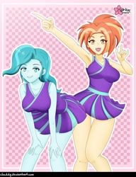 Size: 786x1024 | Tagged: safe, artist:clouddg, edit, editor:thomasfan45, character:lighthoof, character:shimmy shake, species:human, episode:2-4-6 greaaat, my little pony:equestria girls, armpits, bare arms, bare shoulders, beautiful, bedroom eyes, breasts, cheerleader, cheerleader outfit, clothing, cute, duo, duo female, ear piercing, earring, equestria girls-ified, female, humanized, jewelry, legs, lidded eyes, lightorable, miniskirt, open mouth, piercing, pleated skirt, pointing, ponytail, sexy, shakeabetes, signature, skirt, smiling, thighs