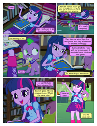 Size: 612x792 | Tagged: safe, artist:greatdinn, artist:newbiespud, edit, edited screencap, screencap, character:spike, character:twilight sparkle, species:dog, comic:friendship is dragons, equestria girls:equestria girls, g4, my little pony: equestria girls, my little pony:equestria girls, arm behind head, book, clothing, collaboration, collar, comic, cutie mark, cutie mark on clothes, dialogue, female, male, on back, open mouth, reading, screencap comic, sitting, smiling, spike the dog, spiked collar