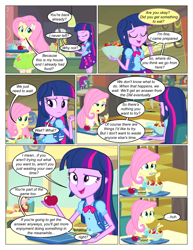 Size: 612x792 | Tagged: safe, artist:greatdinn, artist:newbiespud, edit, edited screencap, screencap, character:fluttershy, character:twilight sparkle, comic:friendship is dragons, equestria girls:equestria girls, g4, my little pony: equestria girls, my little pony:equestria girls, apple, bowl, burger, clothing, collaboration, comic, cup, cutie mark, cutie mark on clothes, dialogue, eating, eyes closed, female, food, hamburger, open mouth, salad, screencap comic, smiling, spoon, tray