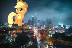 Size: 3840x2560 | Tagged: safe, artist:dashiesparkle, artist:jerryakiraclassics19, character:applejack, species:pony, building, city, clothing, cowboy hat, female, giant pony, giantess, hat, highrise ponies, indianapolis, irl, macro, mare, mega applejack, photo, ponies in real life, scenery, stetson