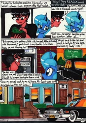Size: 2078x2971 | Tagged: safe, artist:newyorkx3, character:princess luna, oc, oc:tommy, species:human, comic:young days, calling, car, comic, dialogue, grin, house, money, paid, s1 luna, smiling, speech bubble, sunset