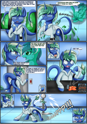 Size: 2893x4092 | Tagged: safe, artist:novaspark, oc, oc only, oc:morpha, oc:nova spark, comic:working for a mad mare, angry, clothing, comic, dialogue, electrocution, explicit series, explosion, fangs, goo, goo pony, lab coat, laughing, monster pony, multiple tails, original species, tatzlpony