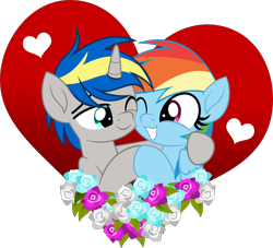 Size: 5000x4545 | Tagged: safe, artist:jhayarr23, part of a set, character:rainbow dash, oc, oc:dopami korpela, species:pegasus, species:pony, species:unicorn, canon x oc, dopadash, female, flower, heart, holiday, hug, male, mare, movie accurate, shipping, simple background, stallion, straight, transparent background, valentine's day, vector, ych result
