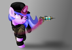 Size: 5000x3453 | Tagged: safe, artist:jhayarr23, character:sea swirl, species:pony, species:unicorn, fallout equestria, background pony, clothing, commission, enclave, enclave armor, energy weapon, fallout, female, levitation, magic, one eye closed, plasma pistol, solo, telekinesis, uniform, weapon