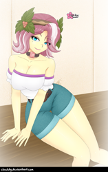 Size: 789x1257 | Tagged: safe, artist:clouddg, character:vignette valencia, equestria girls:rollercoaster of friendship, g4, my little pony: equestria girls, my little pony:equestria girls, bare shoulders, breasts, busty vignette valencia, cleavage, clothing, female, flower, flower in hair, holly, legs, looking at you, sexy, shorts, signature, smiling, solo, stupid sexy vignette valencia, thighs, vignette valencia