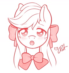 Size: 1357x1437 | Tagged: safe, artist:ratofdrawn, character:applejack, species:earth pony, species:pony, :o, alternate hairstyle, blushing, bow, bow tie, bust, cute, female, hair bow, jackabetes, looking at you, loose hair, mare, no pupils, open mouth, partial color, portrait, simple background, solo, white background