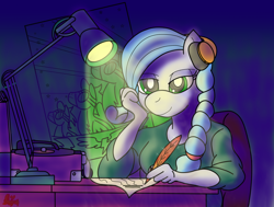 Size: 1648x1248 | Tagged: safe, artist:missmagnificence, oc, oc only, oc:sapphi, species:anthro, species:pegasus, species:pony, braid, colored, female, lamp, quill, record player, shading, sitting, smiling, solo, wonderbolts, writing