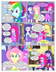 Size: 612x792 | Tagged: safe, artist:greatdinn, artist:newbiespud, edit, edited screencap, screencap, character:applejack, character:fluttershy, character:pinkie pie, character:rainbow dash, character:rarity, character:twilight sparkle, comic:friendship is dragons, equestria girls:equestria girls, g4, my little pony: equestria girls, my little pony:equestria girls, arm behind head, clothing, collaboration, comic, cutie mark, cutie mark on clothes, dialogue, eyes closed, female, hairpin, hat, humane five, humane six, screencap comic, sitting, table