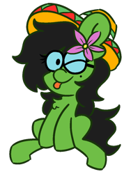 Size: 750x1000 | Tagged: safe, artist:threetwotwo32232, oc, oc only, oc:prickly pears, blep, clothing, flower, flower in hair, glasses, hat, looking at you, mole, one eye closed, sombrero, tongue out, wink