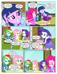 Size: 612x792 | Tagged: safe, artist:greatdinn, artist:newbiespud, edit, edited screencap, screencap, character:fluttershy, character:pinkie pie, character:rainbow dash, character:rarity, comic:friendship is dragons, equestria girls:equestria girls, g4, my little pony: equestria girls, my little pony:equestria girls, clothing, collaboration, comic, cup, cutie mark, cutie mark on clothes, dialogue, drink, female, screencap comic, sitting, thinking