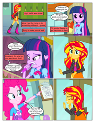 Size: 612x792 | Tagged: safe, artist:greatdinn, artist:newbiespud, edit, edited screencap, screencap, character:pinkie pie, character:sunset shimmer, character:twilight sparkle, comic:friendship is dragons, equestria girls:equestria girls, g4, my little pony: equestria girls, my little pony:equestria girls, clipboard, clothing, collaboration, comic, dialogue, eyes closed, female, pen, screencap comic