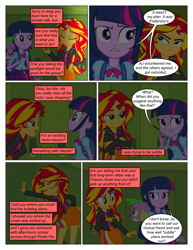 Size: 612x792 | Tagged: safe, artist:greatdinn, artist:newbiespud, edit, edited screencap, screencap, character:spike, character:sunset shimmer, character:twilight sparkle, species:dog, comic:friendship is dragons, equestria girls:equestria girls, g4, my little pony: equestria girls, my little pony:equestria girls, annoyed, backpack, clothing, collaboration, comic, crossed arms, cutie mark, cutie mark on clothes, dialogue, eyes closed, female, locker, male, screencap comic, spike the dog