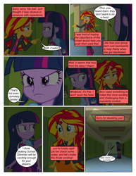 Size: 612x792 | Tagged: safe, artist:greatdinn, artist:newbiespud, edit, edited screencap, screencap, character:spike, character:sunset shimmer, character:twilight sparkle, species:dog, comic:friendship is dragons, equestria girls:equestria girls, g4, my little pony: equestria girls, my little pony:equestria girls, annoyed, backpack, clothing, collaboration, comic, crossed arms, cutie mark, cutie mark on clothes, dialogue, eyes closed, female, locker, male, screencap comic, spike the dog