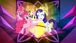 Size: 3840x2160 | Tagged: safe, artist:laszlvfx, edit, character:fluttershy, character:pinkie pie, character:rarity, species:earth pony, species:pegasus, species:pony, species:unicorn, female, group hug, hug, mare, wallpaper, wallpaper edit