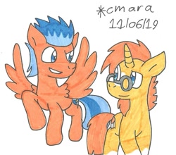 Size: 1009x888 | Tagged: safe, artist:cmara, character:flash sentry, character:sunburst, species:pegasus, species:pony, species:unicorn, beard, facial hair, flying, glasses, grin, looking at each other, male, raised eyebrow, raised hoof, simple background, smiling, stallion, traditional art, white background