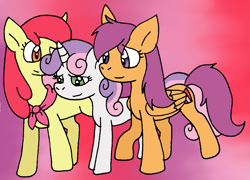 Size: 1065x766 | Tagged: safe, artist:cmara, character:apple bloom, character:scootaloo, character:sweetie belle, species:earth pony, species:pegasus, species:pony, species:unicorn, ship:scootabelle, ship:scootabloom, ship:sweetiebloom, ship:sweetiebloomaloo, cutie mark crusaders, female, lesbian, mare, older, older apple bloom, older cmc, older scootaloo, older sweetie belle, polyamory, shipping