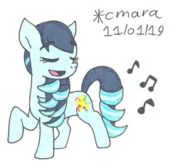 Size: 887x838 | Tagged: safe, artist:cmara, character:coloratura, species:earth pony, species:pony, eyes closed, female, mare, music notes, open mouth, raised hoof, rara, simple background, singing, solo, traditional art, white background