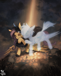 Size: 1047x1300 | Tagged: safe, artist:foxinshadow, character:fluttershy, character:rainbow dash, species:pegasus, species:pony, comforting, commission, crepuscular rays, crying, duo, eyes closed, fanfic art, female, ghost, mare, outdoors, raised hoof, sad, spirit, spread wings, teary eyes, undead, wings, wings down