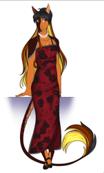 Size: 588x975 | Tagged: safe, artist:jc_bbqueen, oc, oc only, oc:daniel dasher, species:anthro, species:dracony, species:pony, species:unguligrade anthro, anthro oc, clothing, cloven hooves, crossdressing, digital art, dress, eyeshadow, hybrid, jewelry, leonine tail, lipstick, makeup, male, necklace, pearl necklace, red dress, simple background, smiling, stallion, white background, wingless, wingless anthro