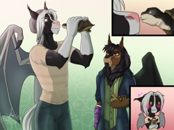 Size: 2466x1850 | Tagged: safe, artist:jc_bbqueen, oc, oc only, oc:octavus, oc:victor bates, species:anthro, species:bat pony, species:pony, anthro oc, bat pony oc, bat wings, blep, blushing, clothing, cute, cute little fangs, digital art, fangs, licking, male, manticore, mantipony, nose licking, pants, pet, shirt, slit eyes, stallion, story in the source, tongue out, turtle, wings