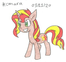 Size: 998x938 | Tagged: safe, artist:cmara, character:sunset shimmer, species:pony, species:unicorn, cute, female, grin, mare, shimmerbetes, simple background, smiling, solo, traditional art, white background