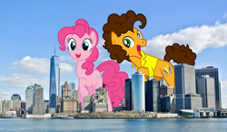 Size: 1800x1050 | Tagged: safe, artist:masem, artist:slb94, artist:theotterpony, character:cheese sandwich, character:pinkie pie, species:earth pony, species:pony, building, city, cloud, duo, excited, female, giant pony, giantess, highrise ponies, irl, macro, male, manhattan, mare, new york city, photo, ponies in real life, raised hoof, scenery, sky, stallion, story included, water